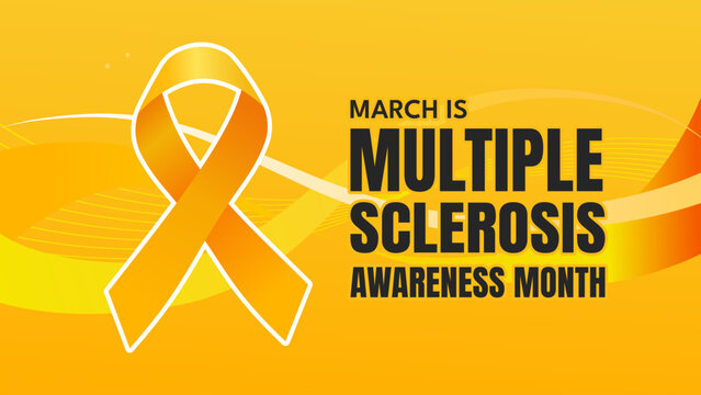 Multiple sclerosis awareness month banner with orange ribbon on yellow background, vector illustration