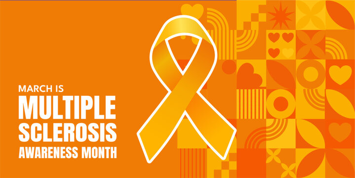 Multiple Sclerosis Awareness Month banner with orange ribbon and geometric mosaic, vector