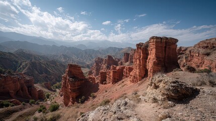 Red Rock Formation in Sunny Canyon with Blue Sky and White Clouds on Hillside Landscape of Stone and Desert Vegetation Warm Light