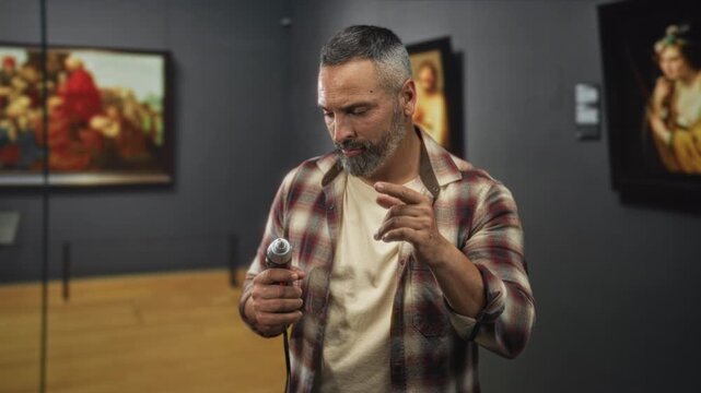 Man holding drill cups hand to ear in gallery beside framed paintings, listening to the tool's sound while examining exhibit for damage; quiet curiosity.