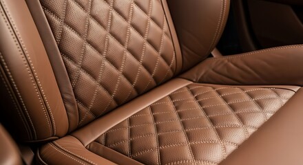 Naklejka premium Luxurious brown leather car seat with diamond stitching, showcasing comfort and premium design.