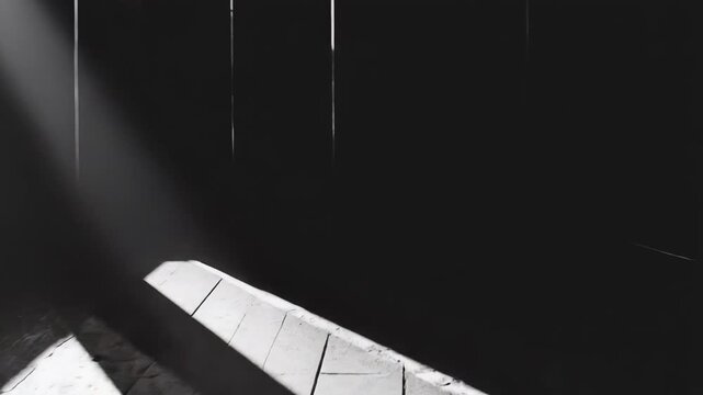 Sunlight beams through vertical bars, casting sharp rectangular patterns on an old wooden floor in an empty roomdramatic chiaroscuro suggesting hope, confinement, and escape