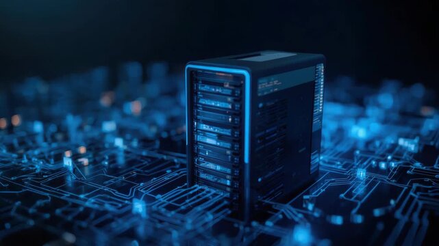 High tech server tower glowing blue circuit board network with futuristic data center ambient
