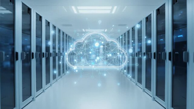 Cloud network symbol glowing over server room with data connections and secure connection cloud