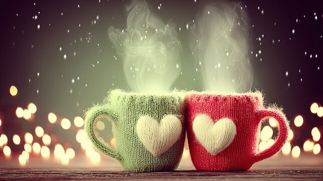 Retro coffee mood: two heart-patterned colorful mugs old round table top shot, steam motion soft light warmth, ideal for indie caf&eacute; menu or vintage lifestyle mag insert