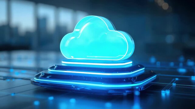 Neon blue cloud icon layered circuit platform glowing with futuristic tech energy cloud platform