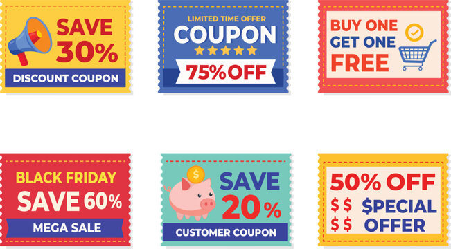 Collection of coupon and sale labels, with coupon code, percent price off, best deal badge, special offer isolated on background. Sale badge, discount voucher icon set in vector illustration