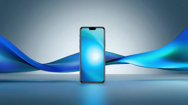 Sleek smartphone reflective surface with blue abstract wave and flowing ribbon screen notch device