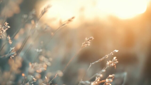 Dry white spotted grass panicles standing tall, receiving gentle soft golden light from the blurred bokeh sun, creating a tranquil and peaceful natural atmosphere