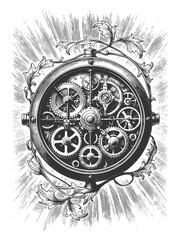 open pocket watch showing exposed gears, decorated with ornamental leaves and radiant background lines sketch engraving generative ai raster illustration. Scratch board imitation. Black and white.