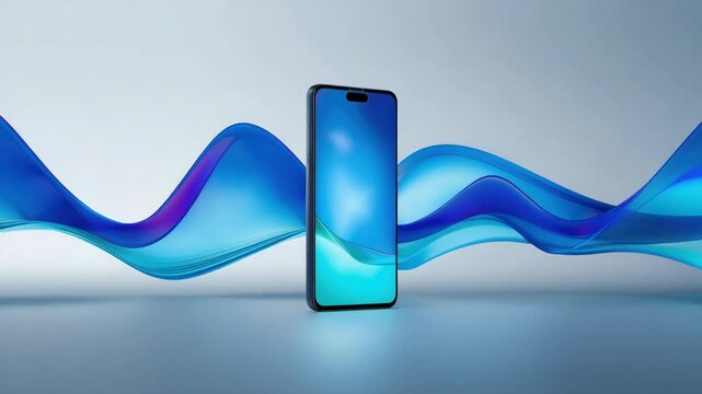Sleek smartphone mobile phone display screen technology with blue abstract wave background and soft