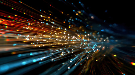 Obraz premium Fiber Optic Lights Moving Dynamically on Dark Background with Glowing Color Trails