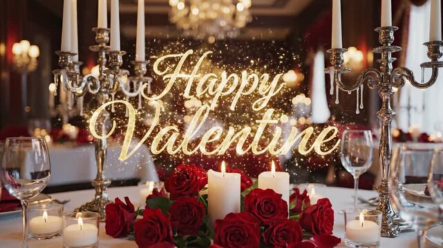 Warm, cinematic golden "happy valentine" text sparkles above red roses and candles in an elegant dining room.