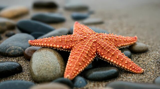 Orange Starfish on Dark Rocks at the Beach
