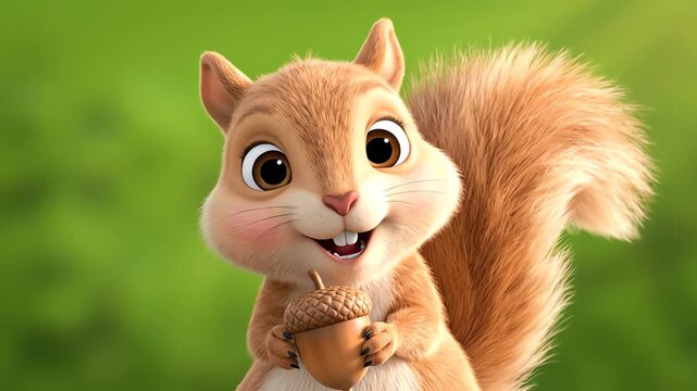 A joyful, high-quality 3d render close-up portrait of a cute cgi squirrel holding an acorn and smiling happily against a vibrant green, blurred outdoor background.