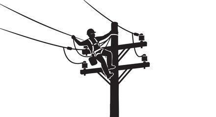 Obraz premium Lineman working on power lines atop a utility pole in a high voltage environment from a low angle viewpoint