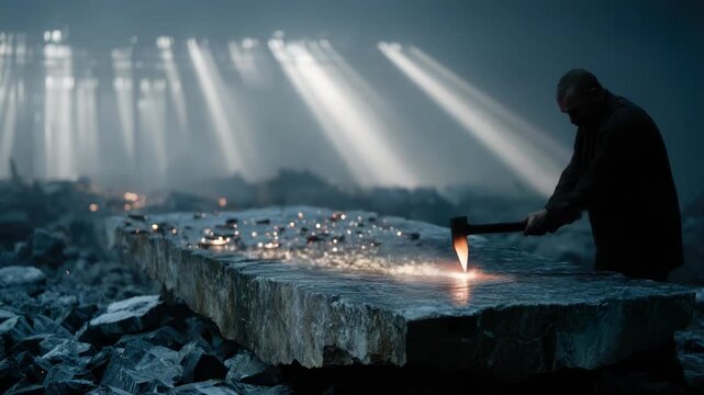 A worker chisels stone under dramatic lighting and sparks. The environment is hazy and bleak
