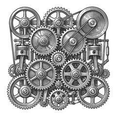 interconnected gears, wheels, pulleys, and chains representing machinery, mechanics, or engineering systems sketch engraving generative ai raster illustration. Scratch board imitation. Black and white