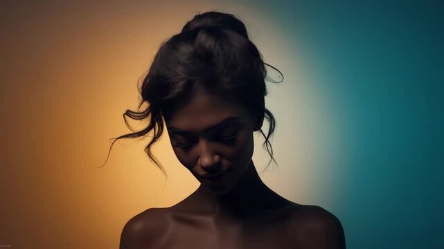 Serene elegant portrait of woman with closed eyes soft lighting studio backlight serene soft