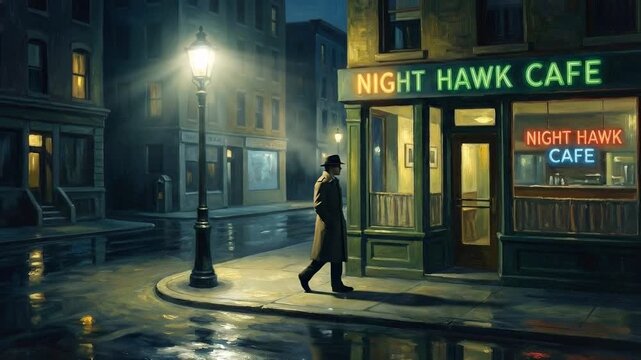 Solitary man in a trench coat standing outside the Night Hawk Cafe on a rainy street corner. Noir style digital painting animation of a mysterious figure waiting at night