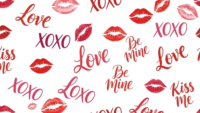 Valentine's Day seamless pattern, love kiss lips, romantic xoxo background, red pink lip prints