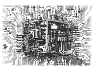 vintage machine resembling a mechanical computer, filled with wires, pipes, and vacuum tubes sketch engraving generative ai raster illustration. Scratch board imitation. Black and white image.