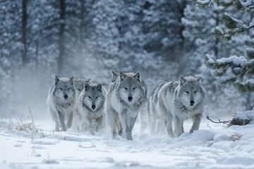 Naklejka premium Misty Winter Scene with a Gray Wolf Pack in Natural Habitat