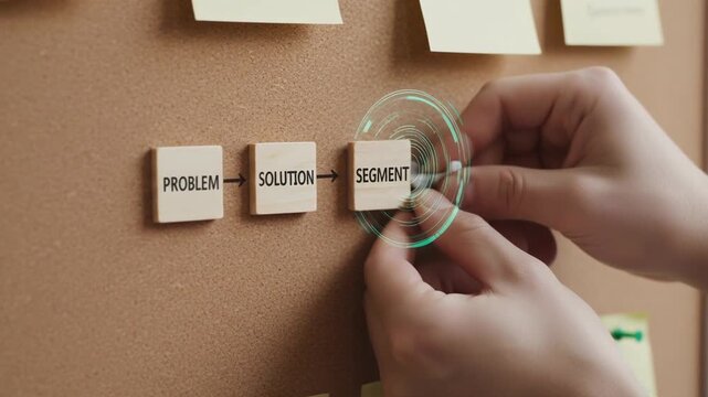 Problem solution segment concept with hands placing wooden blocks on cork board for market fit strategy and business success planning