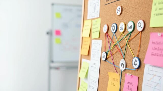 Product roadmap market fit strategy with sticky notes and goal icons on cork board for business planning and project management success