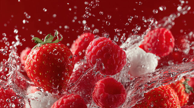 Fresh Raspberries and Fresh Strawberries Splash on Vibrant Red Background