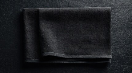 Fototapeta premium Monochrome kitchen towel arrangement: black linen fabric folded on a black backdrop with empty space for text