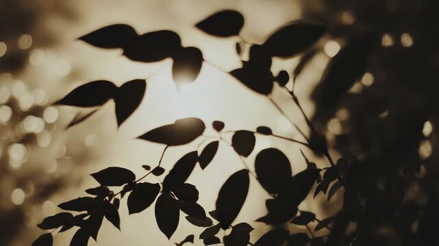 Silhouetted leaves from a tree branch creating an abstract pattern against a light background with soft, blurred bokeh effects, evoking feelings of peace and natural growth