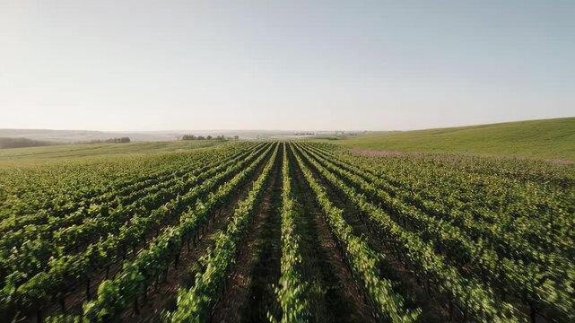 Aerial view of a vineyard with rows of green plants, rolling hills, and a clear sky