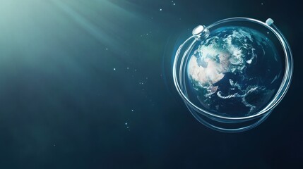 Stethoscope encircling Earth, symbolizing global health, environmental care, and planetary well-being in space.