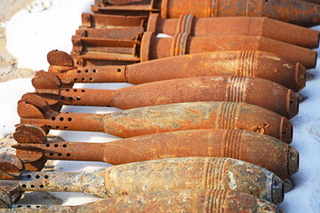 Fototapeta premium Old shells for training sappers in mine clearance skills.