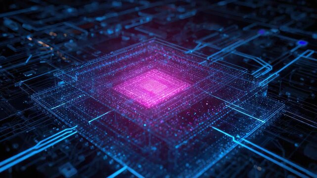 Glowing magenta microchip core neon circuit technology glowing neural processor circuit design