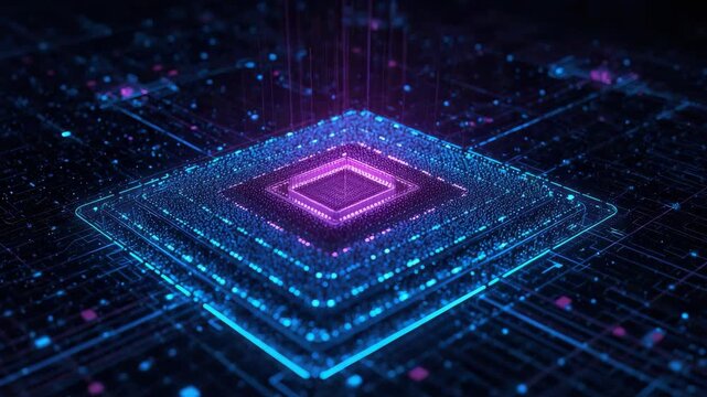 Neon glowing microchip circuit board with futuristic data particles, glowing neon circuitry
