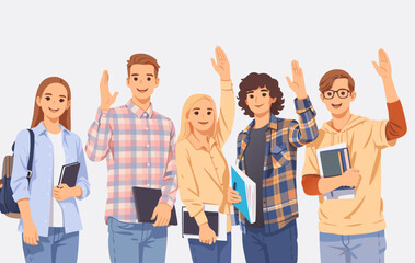 Five students waving their hands happily in front of a white wall.