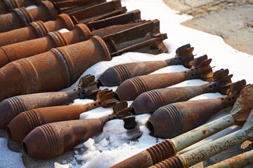 Fototapeta premium Old shells for training sappers in mine clearance skills.