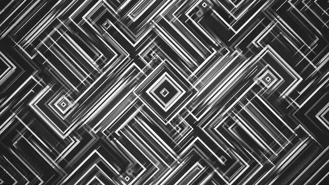Abstract geometric pattern of interlocking squares and lines. Monochrome design features sharp, bold edges and angles. Modern aesthetic evokes digital, technological, or futuristic themes