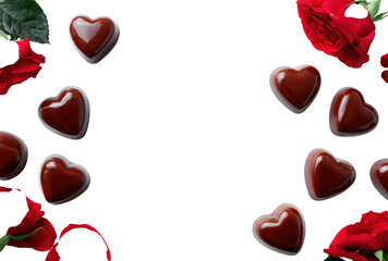 Fototapeta premium Heart shaped chocolates and red roses on transparent background for valentines