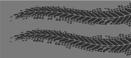Cartoon vector illustration featuring panoramic vehicle tire tracks across a grey background. Background for transportation themes, automotive branding, motion concepts and road safety © Kakigori Studio