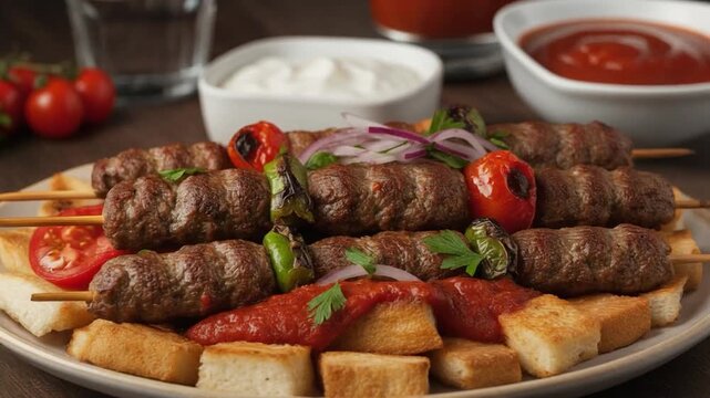 Grilled beef kofta kebabs served with roasted vegetables and flatbread, presented as a savory Middle Eastern dining experience with rich flavors and rustic food styling.