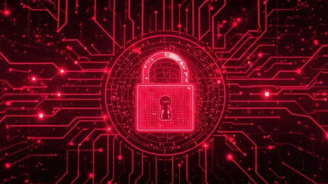 Red digital padlock glowing circuit board conveying cyber security data protection and board