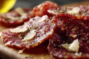 Obraz premium Close-up thin beef carpaccio with oil, pepper and parmesan.