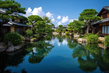 Obraz premium Scenic Canal View with Traditional Japanese Architecture Lush Green Trees and Blue Sky Reflections in Calm Water Creating a Peaceful Ambiance