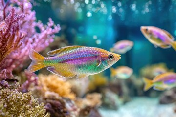 Fototapeta premium Vibrant Underwater Scene Featuring Colorful Fish Swimming Amidst Lush Coral Reefs in a Crystal Clear Ocean Environment Showcasing Marine Life Beauty