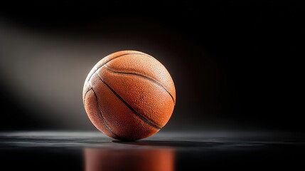 Obraz premium A classic orange basketball sits under a dramatic spotlight, highlighting its textured surface. Perfect for sports concept, competition, and athletic equipment themes.