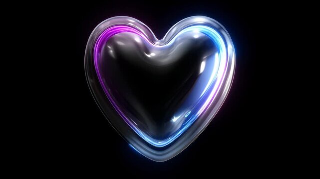 Glossy 3D Glass Heart with Neon Pink and Blue Glowing Edges on Black Background, Futuristic Romantic Loop 