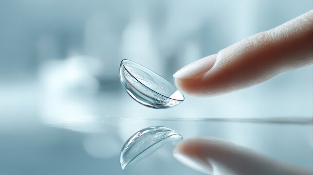A close-up of a finger gently holding a transparent contact lens with a clear reflection. The image highlights vision correction and modern eyecare technology in sharp detail.